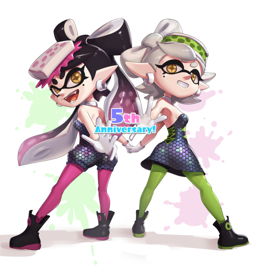 +_+ 2girls anniversary aori_(splatoon) bangs bare_shoulders black_footwear black_hair breasts commentary_request detached_collar domino_mask dress earrings english_text fangs from_behind gloves gonzarez gradient_hair green_legwear grey_hair grin half-closed_eyes happy highres holding_hands hotaru_(splatoon) jewelry legs_apart long_hair looking_at_viewer looking_back mask mole mole_under_eye multicolored_hair multiple_girls object_on_head open_mouth pantyhose pointy_ears purple_hair purple_legwear shiny shiny_clothes shiny_hair shiny_skin shoes short_hair short_jumpsuit simple_background small_breasts smile splatoon_(series) splatoon_1 splatter standing strapless strapless_dress swept_bangs teeth tentacle_hair tentacles tied_hair twintails white_background white_gloves yellow_eyes