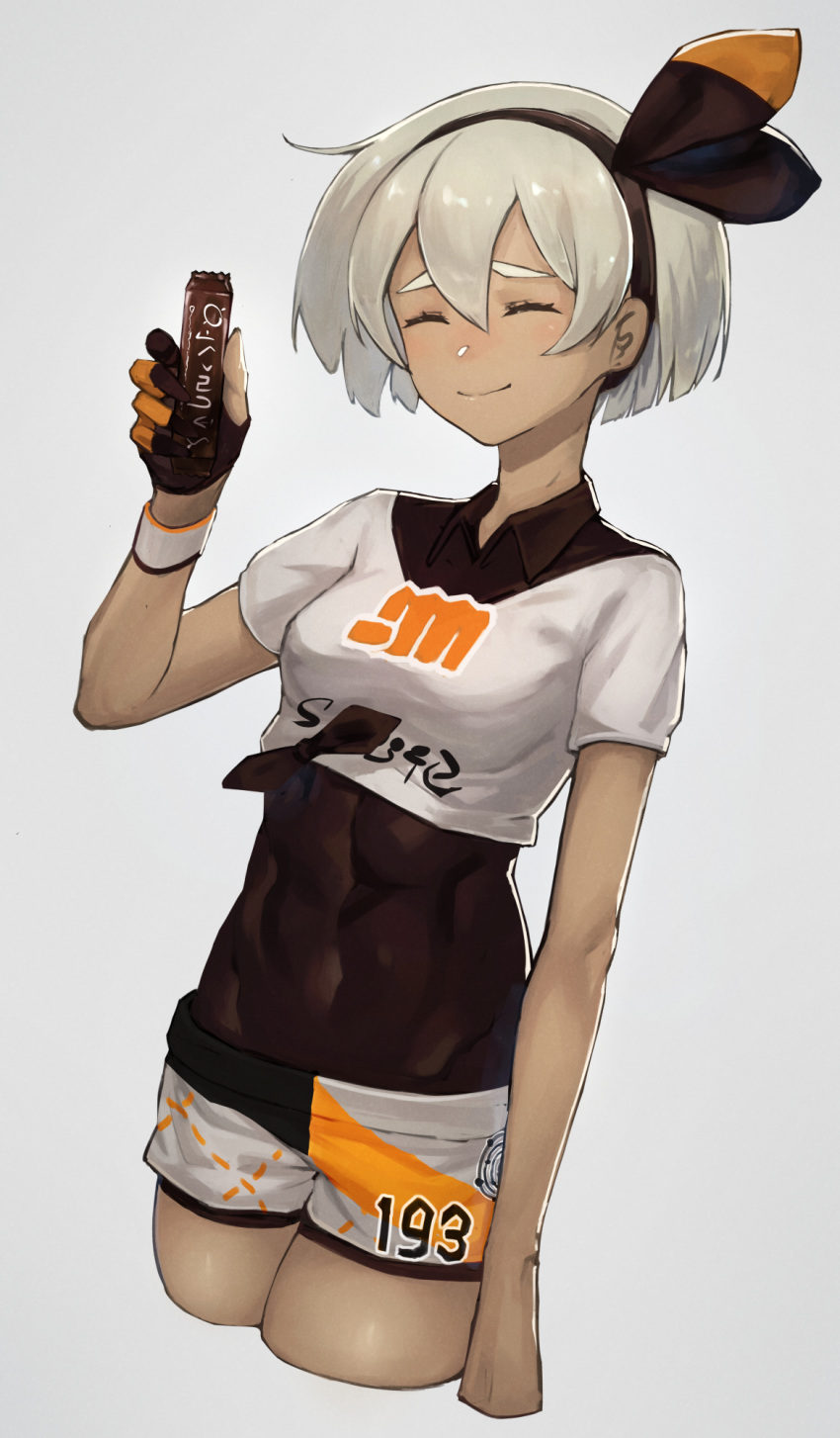 1girl aito arm_at_side bangs black_bodysuit black_hairband bodysuit bodysuit_under_clothes breasts candy chocolate chocolate_bar closed_eyes closed_mouth collared_shirt commentary_request covered_navel dynamax_band eyelashes food gloves grey_background grey_hair gym_leader hair_between_eyes hairband hand_up highres holding holding_food partly_fingerless_gloves pokemon pokemon_(game) pokemon_swsh print_shirt print_shorts saitou_(pokemon) shiny shiny_hair shirt short_hair short_sleeves shorts simple_background smile solo tied_shirt