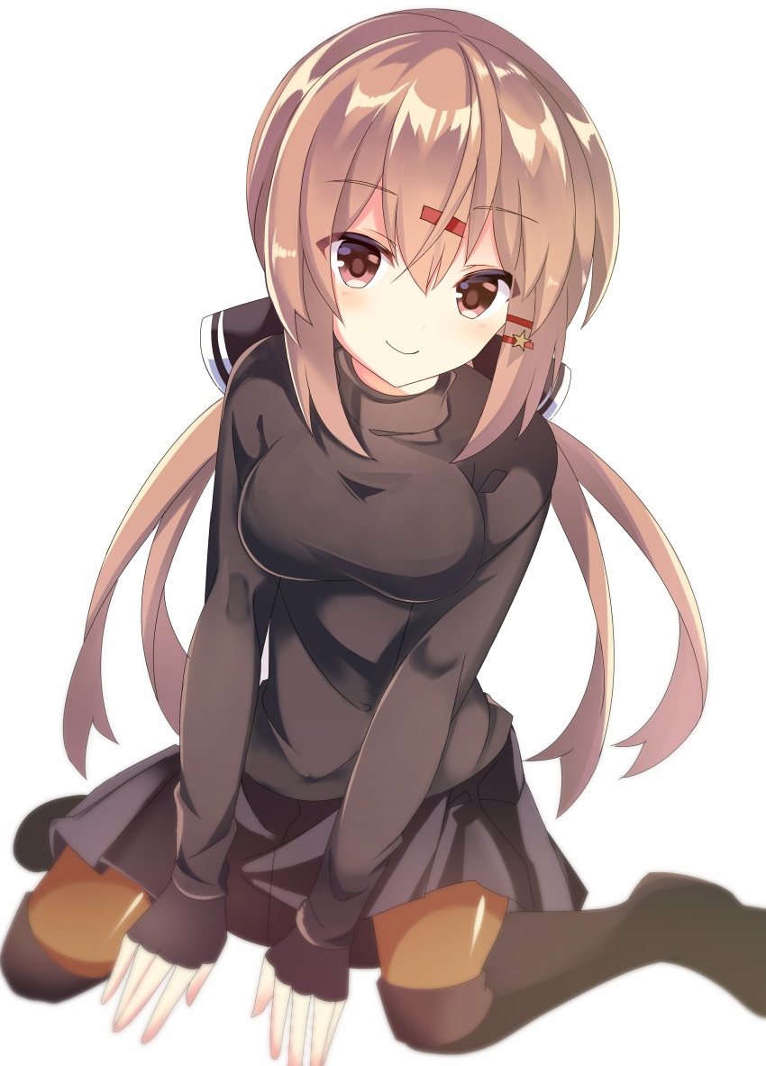 1girl absurdres black_bow black_footwear black_skirt black_sweater boots bow brown_eyes brown_hair brown_legwear fathom hair_bow highres kantai_collection long_hair looking_at_viewer low_twintails pantyhose simple_background sitting skirt solo sweater tashkent_(kantai_collection) thigh-highs thigh_boots turtleneck twintails wariza white_background