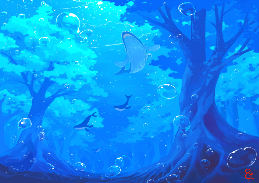 air_bubble blue_theme bubble forest highres nature no_humans original scenery tree underwater whale yoshida_(penguindynamite)