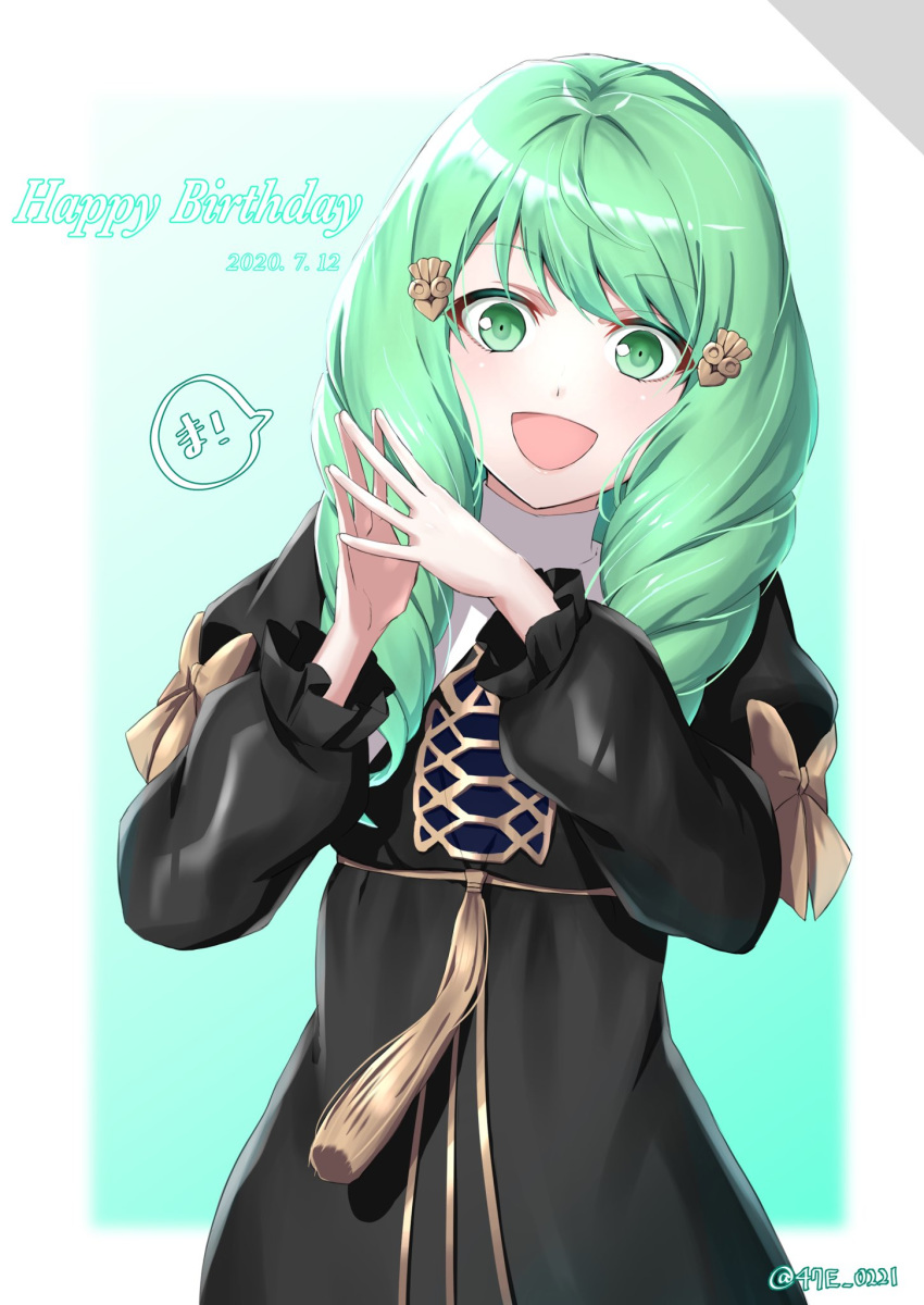 1girl 47e_0221 bow dated fire_emblem fire_emblem:_three_houses flayn_(fire_emblem) garreg_mach_monastery_uniform green_eyes green_hair hair_ornament happy_birthday highres long_hair long_sleeves open_mouth solo twitter_username uniform upper_body