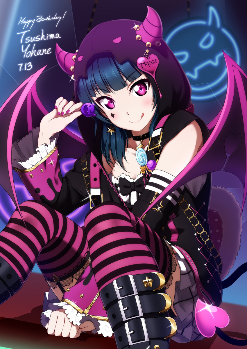 1girl black_choker blue_hair boots candy choker demon_tail demon_wings eyebrows_visible_through_hair food happy_birthday highres hood hoodie horned_hood licking_lips lollipop looking_at_viewer love_live! love_live!_sunshine!! nail_polish pleated_skirt shiimai sitting skirt smile solo striped striped_legwear swirl_lollipop tail thigh-highs tongue tongue_out tsushima_yoshiko violet_eyes wings