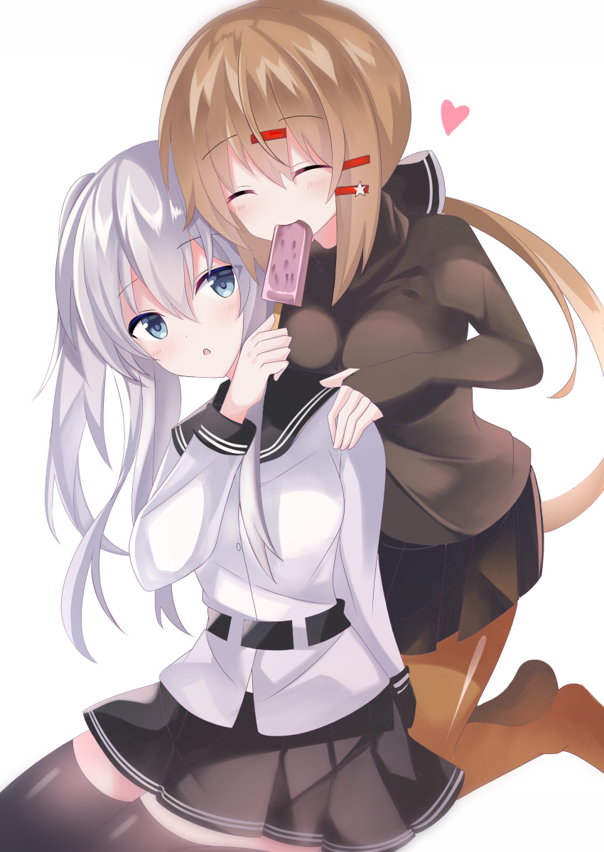 2girls absurdres black_bow black_legwear black_skirt blue_eyes bow brown_hair brown_legwear closed_eyes eyebrows_visible_through_hair fathom food food_in_mouth hair_bow hand_on_another's_shoulder heart hibiki_(kantai_collection) highres holding holding_food ice_cream kantai_collection kneeling long_hair long_sleeves looking_at_another low_twintails multiple_girls pantyhose pleated_skirt school_uniform serafuku silver_hair simple_background skirt tashkent_(kantai_collection) thigh-highs twintails verniy_(kantai_collection) white_background