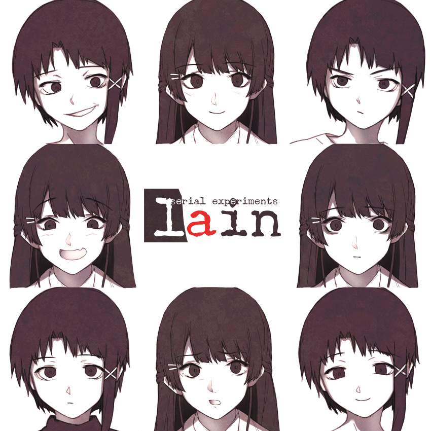 2girls :/ :| absurdres asymmetrical_hair braid close-up closed_mouth copyright_name dorothy_xi expressionless expressions eyebrows_visible_through_hair face french_braid grin hair_ornament hairclip highres iwakura_lain long_hair monochrome multiple_girls multiple_views nijisanji open_mouth serial_experiments_lain short_hair simple_background single_sidelock smile staring tsukino_mito virtual_youtuber wavy_mouth white_background x_hair_ornament