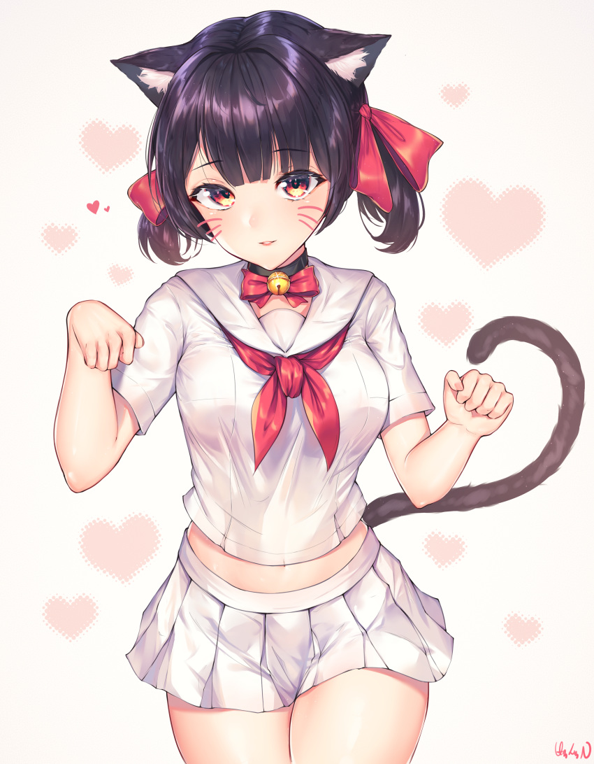 1girl absurdres animal_ear_fluff animal_ears bangs bell bell_choker breasts cat_ears cat_girl cat_tail choker clenched_hands commentary_request eyebrows_visible_through_hair hair_ribbon hakushoku_n heart heart_background highres looking_at_viewer navel original parted_lips paw_pose pleated_skirt red_neckwear red_ribbon ribbon sailor_collar school_uniform serafuku shiny shiny_hair shirt short_hair short_sleeves skirt solo tail twintails white_sailor_collar white_shirt white_skirt yellow_eyes