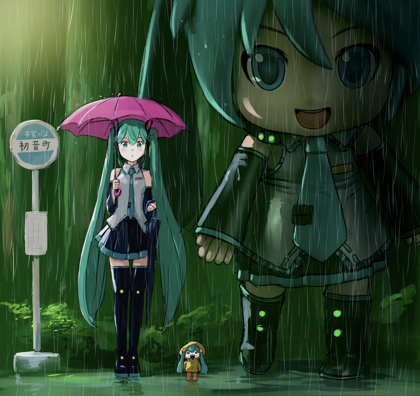 3girls absurdres aqua_eyes aqua_hair aqua_neckwear black_legwear black_skirt black_sleeves boots bus_stop bush commentary detached_sleeves expressionless forest full_body grey_shirt hair_ornament hatsune_miku highres holding holding_umbrella knee_boots light_blush long_hair looking_at_viewer mayo_riyo mikudayoo minigirl miniskirt multiple_girls nature necktie night open_mouth orange_footwear outdoors parody pink_umbrella pleated_skirt puddle rain raincoat shirt shoulder_tattoo sign skirt sleeveless sleeveless_shirt smile standing studio_ghibli tattoo thigh-highs thigh_boots tonari_no_totoro totoro_bus_stop twintails umbrella very_long_hair vocaloid wide_shot yellow_raincoat zettai_ryouiki