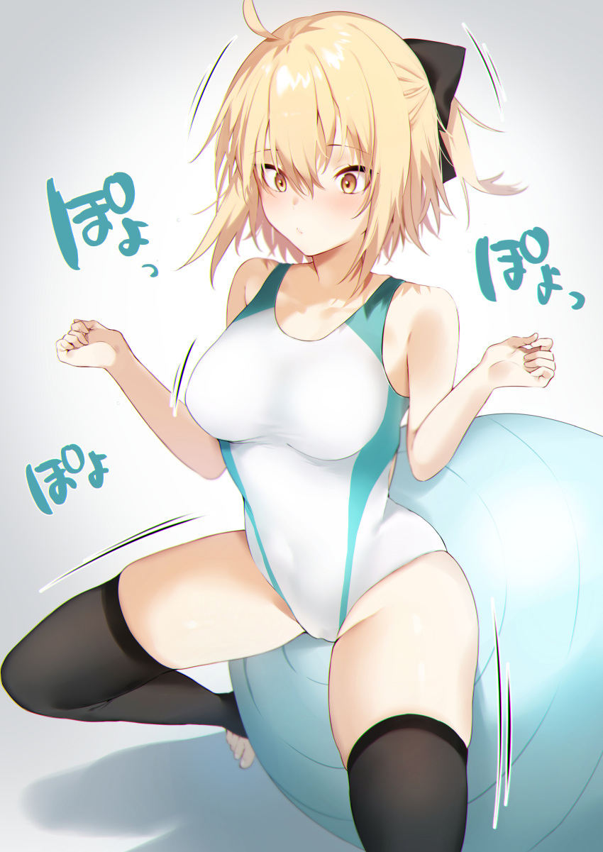 1girl :/ absurdres ahoge alternate_costume balancing ball bangs bare_arms bare_shoulders black_bow black_legwear blonde_hair bow breasts collarbone commentary competition_swimsuit concentrating covered_navel exercise_ball eyebrows_visible_through_hair fate/grand_order fate_(series) hair_between_eyes hair_bow half_updo highres iriehana koha-ace medium_breasts navel okita_souji_(fate) okita_souji_(fate)_(all) one-piece_swimsuit short_hair sidelocks simple_background solo stirrup_legwear swimsuit thigh-highs thighs toeless_legwear white_swimsuit yellow_eyes
