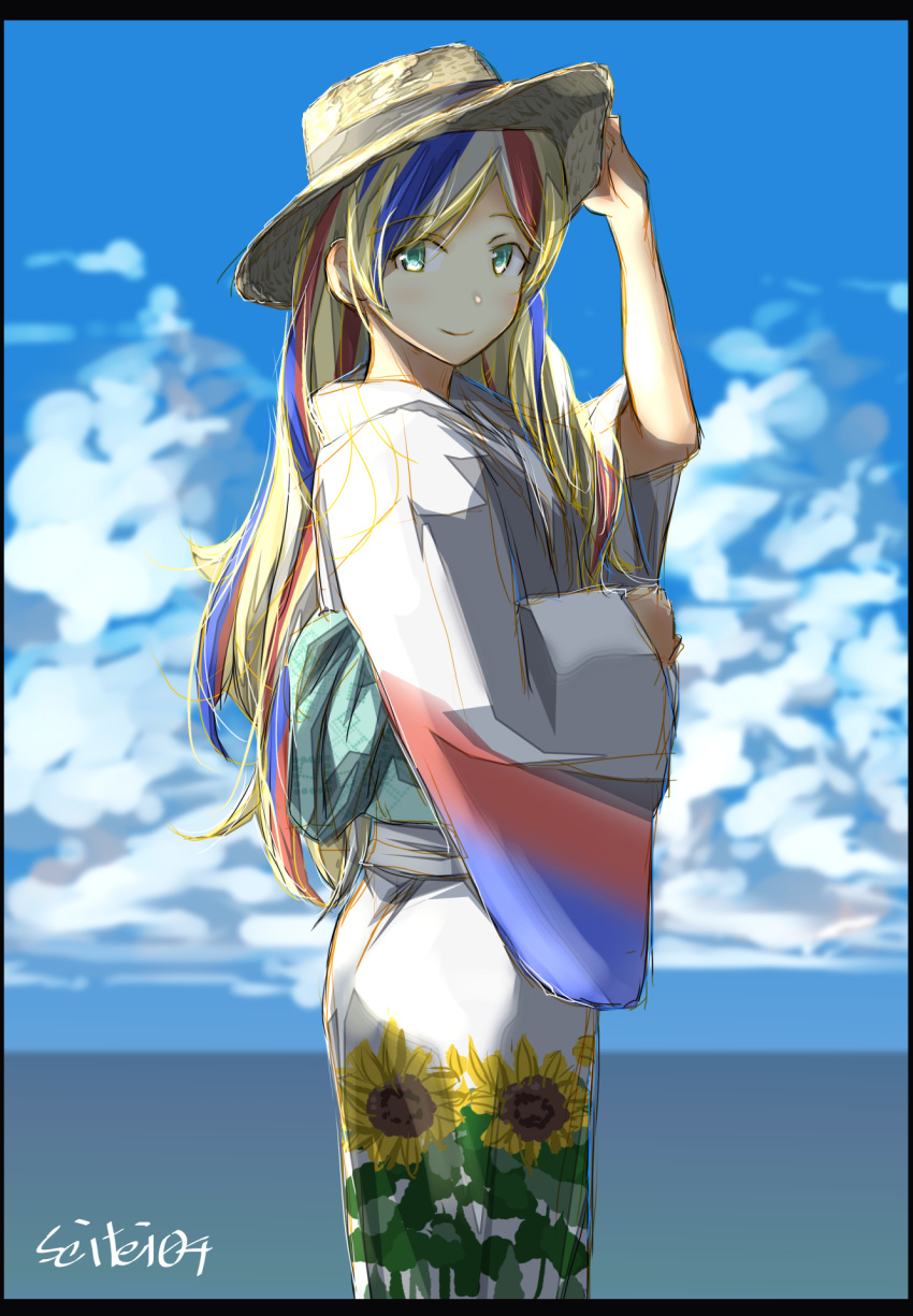 1girl blonde_hair blue_hair blue_sky clouds commandant_teste_(kantai_collection) commentary_request cowboy_shot day floral_print flower hat highres japanese_clothes kantai_collection kimono long_hair looking_at_viewer multicolored multicolored_clothes multicolored_hair outdoors redhead seitei_(04seitei) sky solo streaked_hair sun_hat sunflower wavy_hair white_kimono yukata