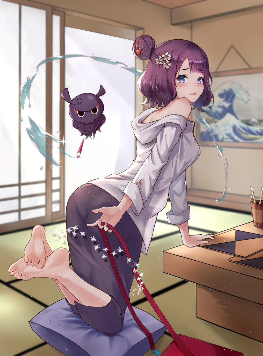 1girl absurdres ass barefoot blue_eyes blush breasts calligraphy_brush fate/grand_order fate_(series) feet hair_bun heroic_spirit_traveling_outfit highres kanagawa_okinami_ura katsushika_hokusai_(fate/grand_order) long_sleeves looking_at_viewer medium_breasts ni_dgs octopus paintbrush parted_lips purple_hair short_hair sketchbook soles tokitarou_(fate/grand_order) water