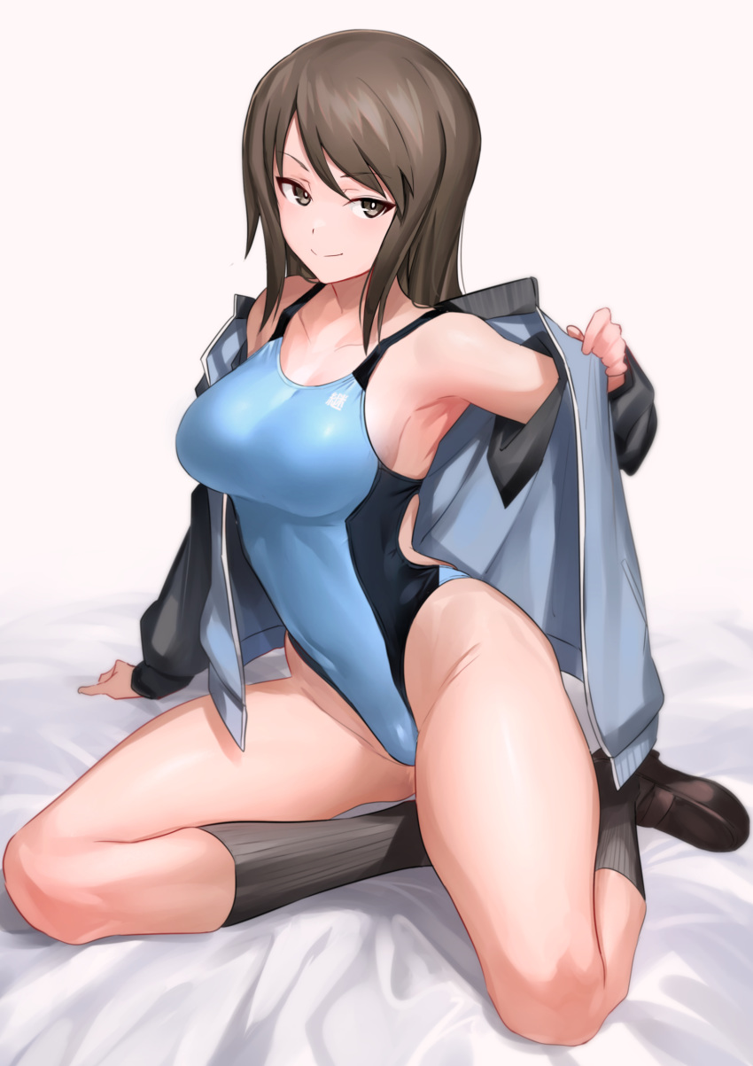 1girl absurdres armpits bed blue_jacket blue_swimsuit breasts brown_hair competition_swimsuit covered_navel girls_und_panzer highres jacket kneehighs large_breasts long_hair mika_(girls_und_panzer) on_bed one-piece_swimsuit removing_jacket shoes swimsuit thighs ulrich_(tagaragakuin)