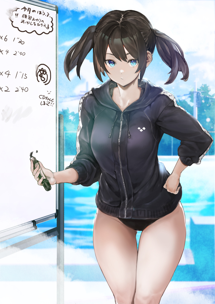 1girl :/ absurdres arena_(company) ass_visible_through_thighs backlighting bangs black_hair black_jacket black_swimsuit blue_eyes breasts chain-link_fence competition_swimsuit day drawstring fence groin hand_on_hip harutask highres holding holding_marker hood hooded_jacket jacket looking_at_viewer marker no_pants one-piece_swimsuit original outdoors pool poolside sidelocks sleeves_pushed_up solo standing swimsuit swimsuit_under_clothes telephone_pole thigh_gap track_jacket translation_request twintails whiteboard writing zipper