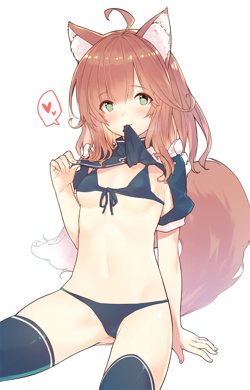 1girl ahoge animal_ear_fluff animal_ears arm_support ass_visible_through_thighs bangs bikini black_bikini black_legwear breasts brown_hair closed_mouth commentary_request eyebrows_visible_through_hair fox_ears fox_girl fox_tail front-tie_bikini front-tie_top green_eyes groin hair_between_eyes heart highres long_hair looking_at_viewer mouth_hold navel original puffy_short_sleeves puffy_sleeves sawayaka_samehada short_sleeves shrug_(clothing) simple_background sitting small_breasts smile solo spoken_heart swimsuit tail thigh-highs white_background