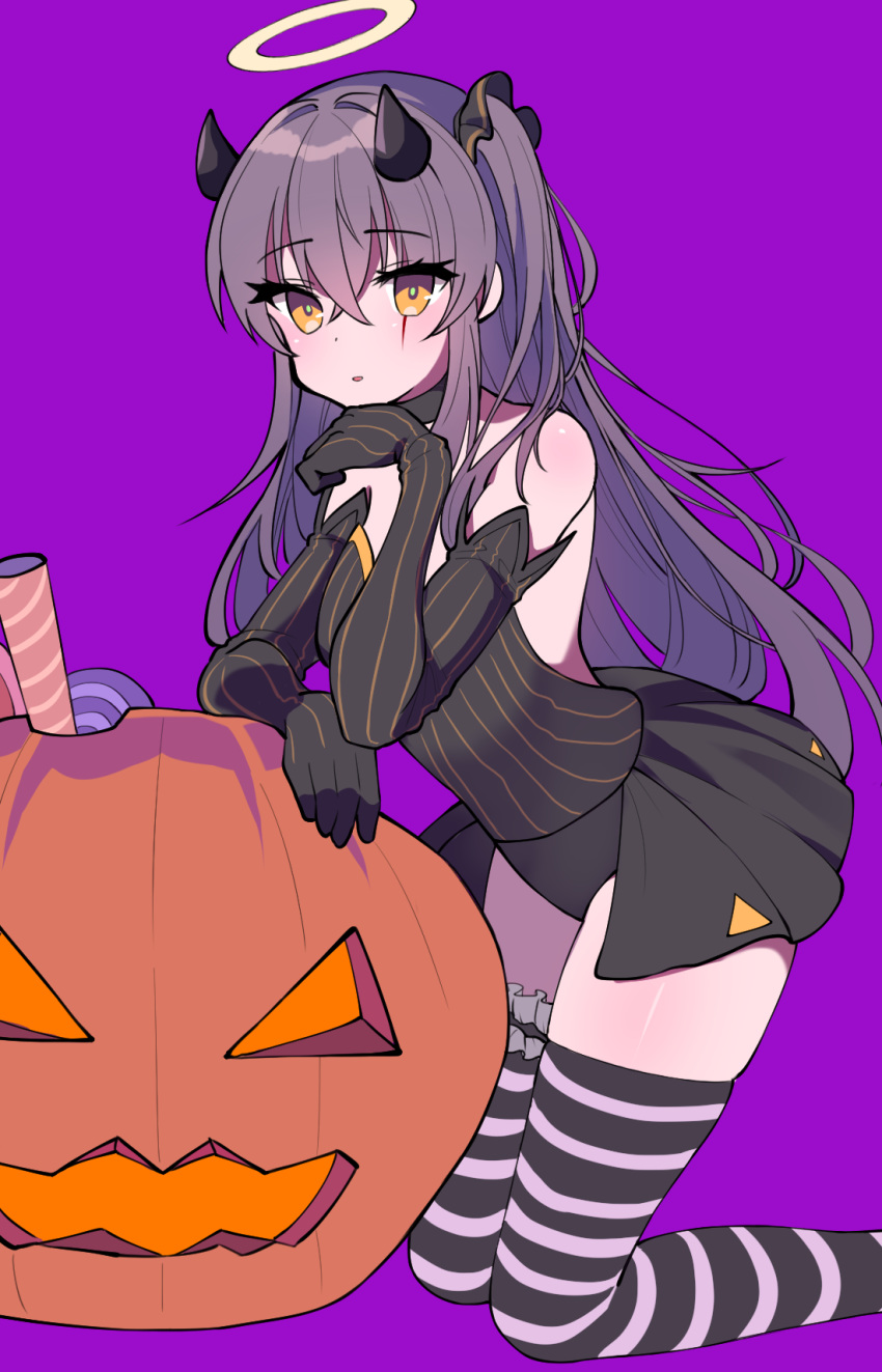 1girl black_skirt brown_eyes brown_hair clming girls_frontline gloves hair_ribbon halloween halloween_costume halo hand_on_headset highres horn_ornament horn_ribbon horns long_hair looking_at_viewer purple_background ribbon scar scar_across_eye skirt solo striped striped_legwear tagme thigh-highs ump45_(girls_frontline)