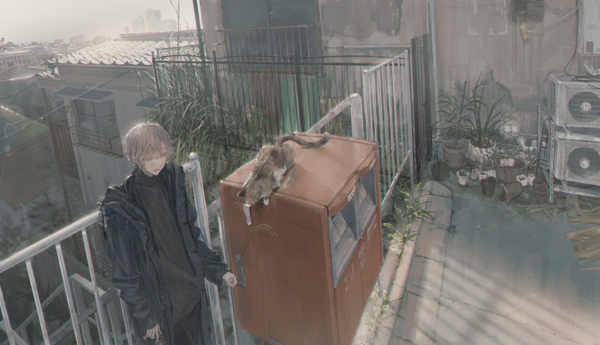 1boy black_pants blue_jacket brown_hair building can cat cattail highres holding jacket male_focus orexxxo original outdoors pants plant potted_plant scenery solo sunlight turtleneck window