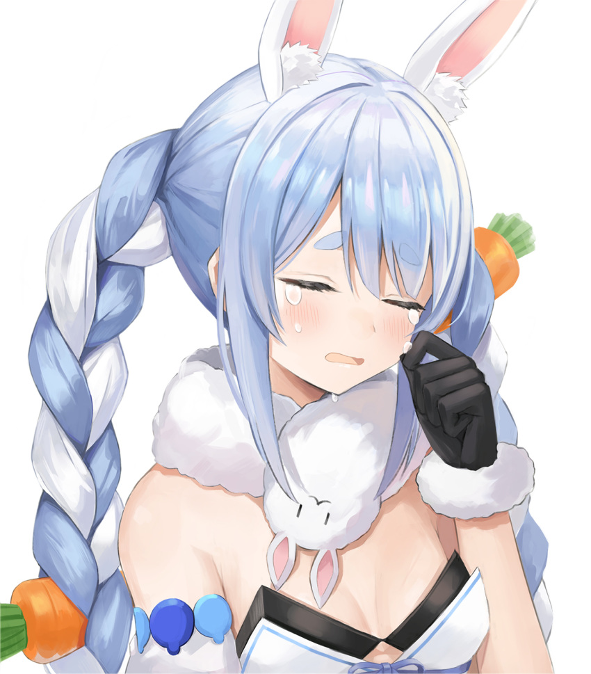 1girl animal_ear_fluff animal_ears bare_shoulders black_gloves blue_hair braid breasts carrot_hair_ornament closed_eyes crying detached_sleeves extra_ears food_themed_hair_ornament fur_collar fuwawa_(fuwawa617) gloves hair_ornament hand_up highres hololive open_mouth rabbit_ears sidelocks simple_background small_breasts solo tears thick_eyebrows twin_braids twintails upper_body usada_pekora virtual_youtuber white_background