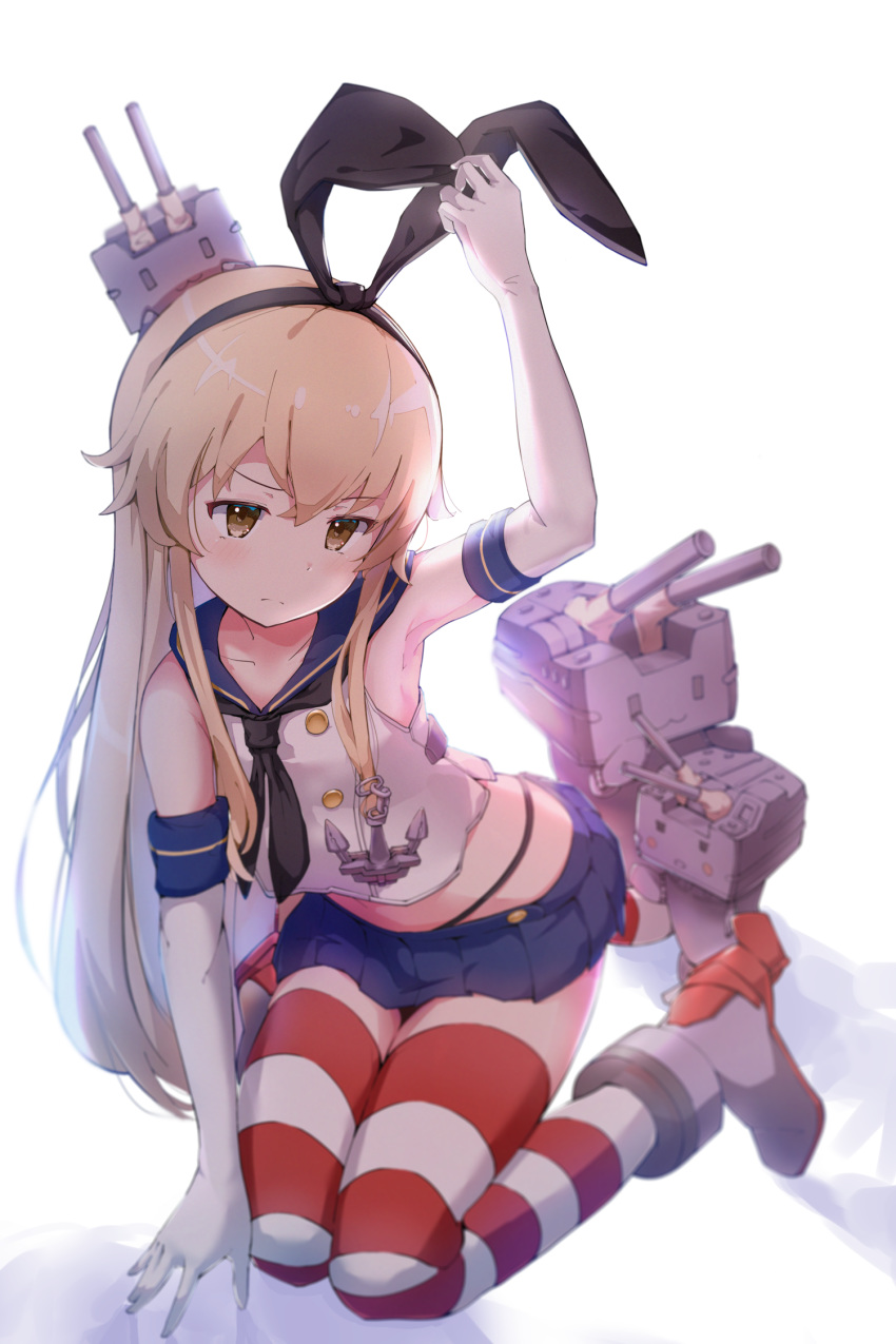 1girl :3 anchor_hair_ornament armpits black_hairband blonde_hair blue_sailor_collar blue_skirt brown_eyes commentary_request elbow_gloves eyebrows_visible_through_hair full_body gloves hair_ornament hairband hand_up highres kantai_collection kneeling long_hair picome_ter rensouhou-chan sailor_collar shimakaze_(kantai_collection) simple_background skirt striped striped_legwear thigh-highs white_background white_gloves