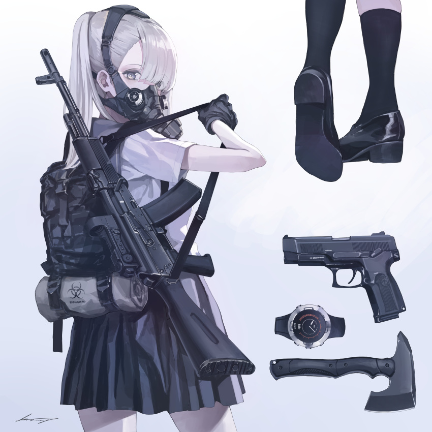 1girl absurdres ak-74 assault_rifle axe backpack bag bangs black_footwear black_gloves blunt_bangs eyebrows_visible_through_hair eyes_visible_through_hair gas_mask gloves grey_background grey_eyes gun handgun highres koh_(minagi_kou) loafers long_hair looking_at_viewer looking_back mp443 original pleated_skirt ponytail rifle school_uniform shoes short_sleeves silver_hair skirt socks solo watch watch weapon