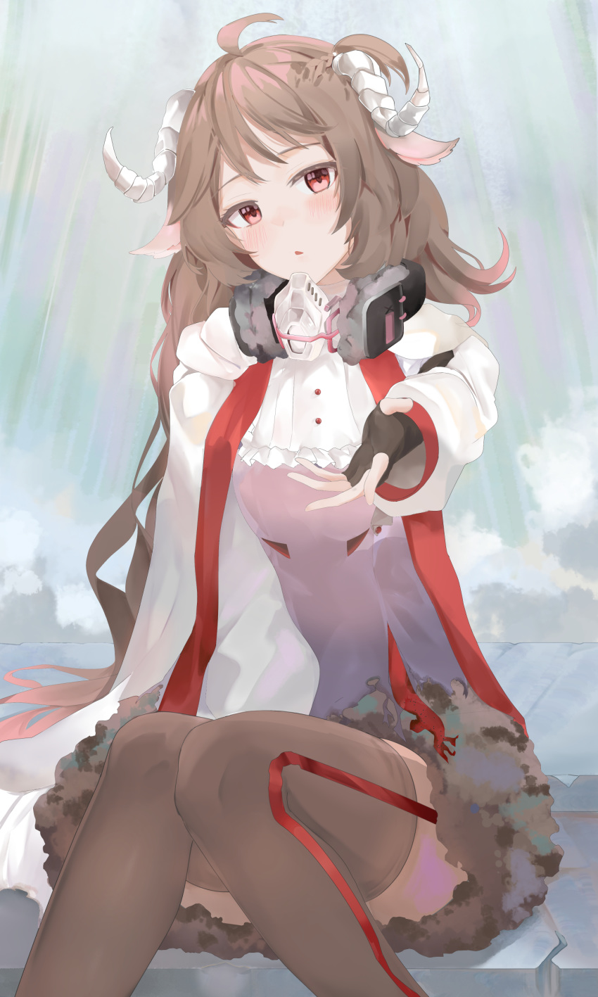 1girl absurdres ahoge arknights black_gloves black_legwear blush brown_hair eyjafjalla_(arknights) fingerless_gloves gas_mask gloves headphones headphones_removed highres holding_hands horns jacket long_hair looking_at_viewer red_eyes ru_zhai sitting solo thigh-highs