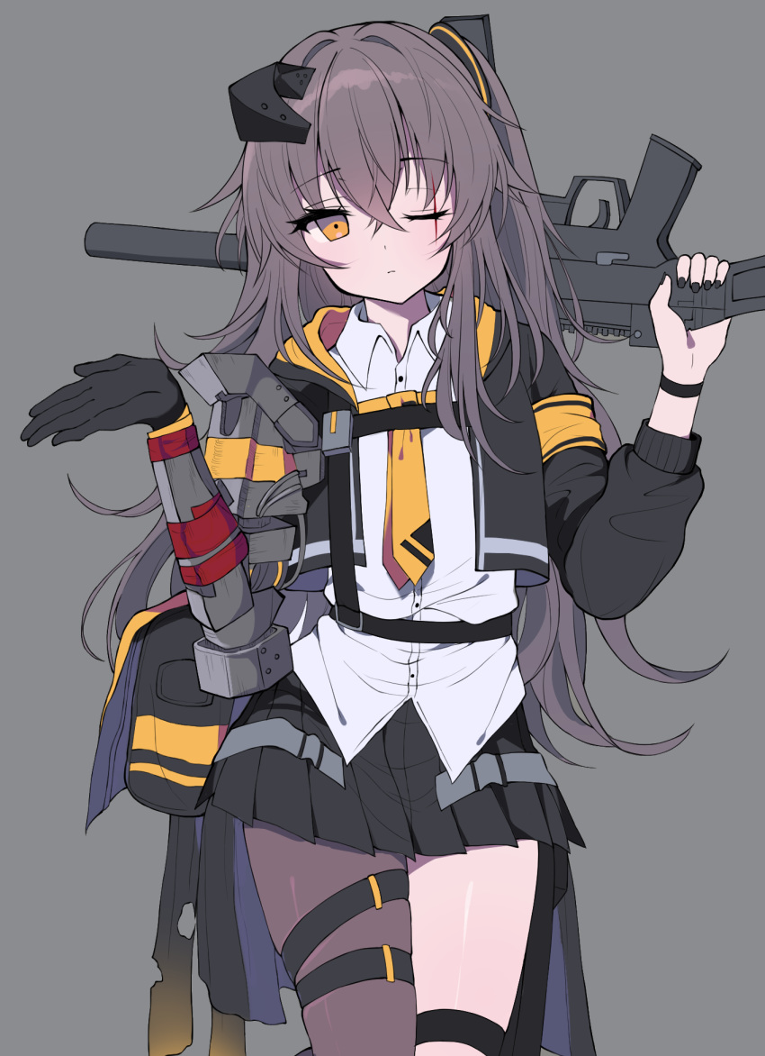 1girl baggy_pants black_gloves black_legwear black_skirt brown_eyes brown_hair clming eyebrows_visible_through_hair girls_frontline gloves grey_background gun h&amp;k_ump hair_ribbon highres long_hair looking_at_viewer necktie one_eye_closed over_shoulder pants ribbon scar scar_across_eye shirt single_glove single_thighhigh skirt solo strapless submachine_gun thigh-highs thigh_strap ump45_(girls_frontline) weapon weapon_over_shoulder white_shirt