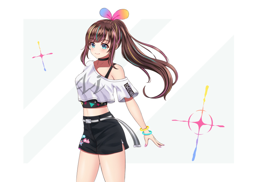 1girl aqua_hair arched_back arms_behind_back bangs belt black_choker black_shorts blonde_hair blue_eyes blush bra_strap bracelet choker collarbone crop_top eyebrows_visible_through_hair floating_hair frilled_shirt frills from_side grey_belt hairband highres jewelry kizuna_ai kizuna_ai_inc. long_hair looking_to_the_side midriff multicolored_hair navel off-shoulder_shirt off_shoulder official_alternate_costume patterned_background pink_hair pink_nails ponytail shirt short_shorts short_sleeves shorts smile solo spread_fingers standing streaked_hair symbol_commentary thighs unzipped very_long_hair virtual_youtuber white_background white_shirt ymwegk zipper_pull_tab