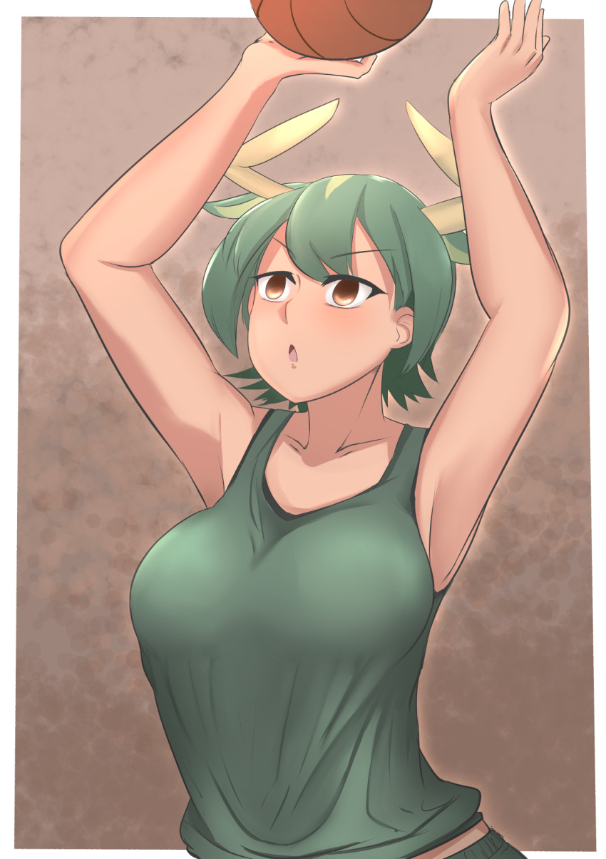 1girl animal_ears armpits arms_up aurochs_(kemono_friends) bar bare_arms basketball border breasts brown_eyes camisole collarbone cow_ears cow_girl cow_horns empty_eyes extra_ears eyebrows_visible_through_hair green_camisole green_hair highres horns john_(a2556349) kemono_friends large_breasts looking_up multicolored_hair open_mouth short_hair solo sport tan throwing two-tone_hair