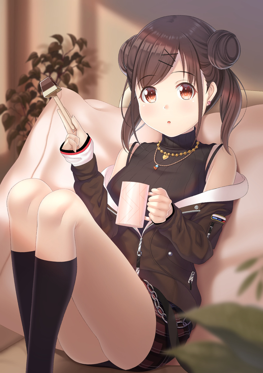 1girl :o bangs black_jacket blurry blurry_background brown_eyes brown_hair cup double_bun eyebrows_visible_through_hair fuyu_urara hair_ornament hairclip highres holding holding_cup idolmaster idolmaster_shiny_colors indoors jacket jewelry looking_at_viewer miniskirt necklace off_shoulder sitting skirt solo sonoda_chiyoko swept_bangs x_hair_ornament