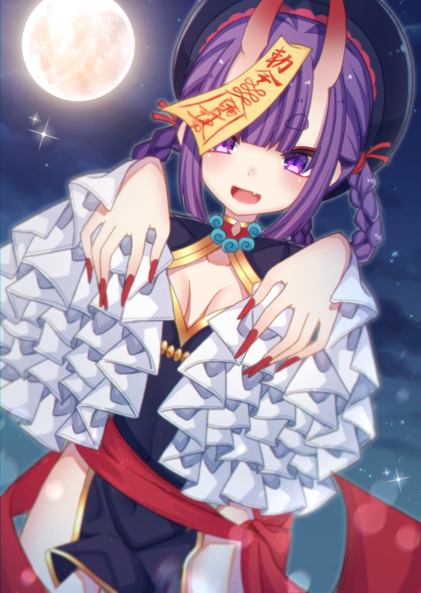 1girl :d absurdres black_dress black_headwear blurry braid breasts cowboy_shot depth_of_field dress fang fate/grand_order fate_(series) frilled_sleeves frills full_moon ghost_pose gold_trim hair_rings highres horns jiangshi long_hair long_sleeves looking_at_viewer medium_breasts moon night ofuda oni_horns open_mouth pelvic_curtain purple_hair red_ribbon ribbon sapphire_(sapphire25252) shuten_douji_(fate/grand_order) smile solo sparkle standing thick_eyebrows thighs twin_braids violet_eyes