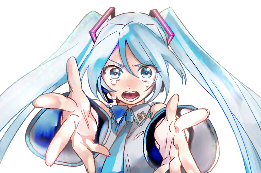 1girl aqua_eyes aqua_hair blue_eyes blue_hair crying crying_with_eyes_open detached_sleeves hatsune_miku headphones headset highres long_hair looking_at_viewer natimiya335 necktie open_hands open_mouth solo tears twintails very_long_hair vocaloid