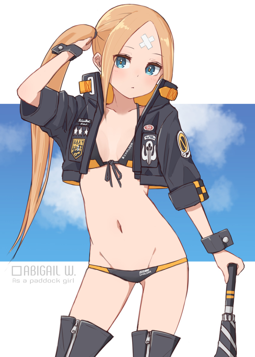 1girl abigail_williams_(fate/grand_order) absurdres adapted_costume bandaid bandaid_on_forehead bangs bikini black_bikini black_jacket blonde_hair blue_eyes blue_sky breasts character_name closed_mouth collarbone cropped_jacket crossed_bandaids fate/grand_order fate_(series) forehead heroic_spirit_traveling_outfit high_collar highres jacket kopaka_(karda_nui) long_hair open_clothes open_jacket orange_belt parted_bangs side_ponytail sky small_breasts swimsuit thighs umbrella wrist_cuffs