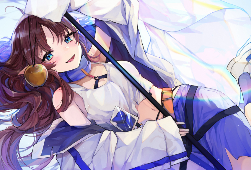 1girl :d absurdres arknights bangs belt blue_eyes blue_legwear breasts eyebrows eyebrows_visible_through_hair highres huge_filesize long_hair looking_at_viewer lying mishasimarina0130 myrtle_(arknights) navel on_back open_mouth pointy_ears shoes smile socks solo white_footwear
