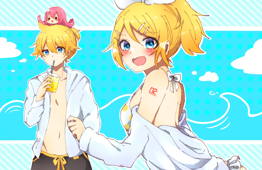 1boy 2girls bangs beruna0612 bikini blonde_hair blue_background blue_eyes blush blush_stickers clouds commentary cup drinking holding holding_cup hooded_shirt kagamine_len kagamine_rin looking_at_viewer multiple_girls octopus off-shoulder_shirt off_shoulder open_clothes open_mouth open_shirt pink_hair polka_dot polka_dot_background ponytail shirt short_hair short_ponytail shorts shoulder_tattoo sitting sitting_on_head sitting_on_person smile solid_circle_eyes spiky_hair swept_bangs swimsuit takoluka tattoo upper_body vocaloid waves white_shirt