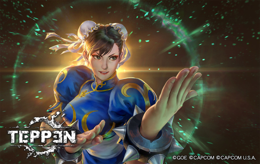 1girl aura backlighting black_hair bracelet bun_cover capcom chinese_clothes chun-li copyright copyright_name highres jeremy_chong jewelry official_art pantyhose parted_lips smile solo spiked_bracelet spikes street_fighter teppen upper_body