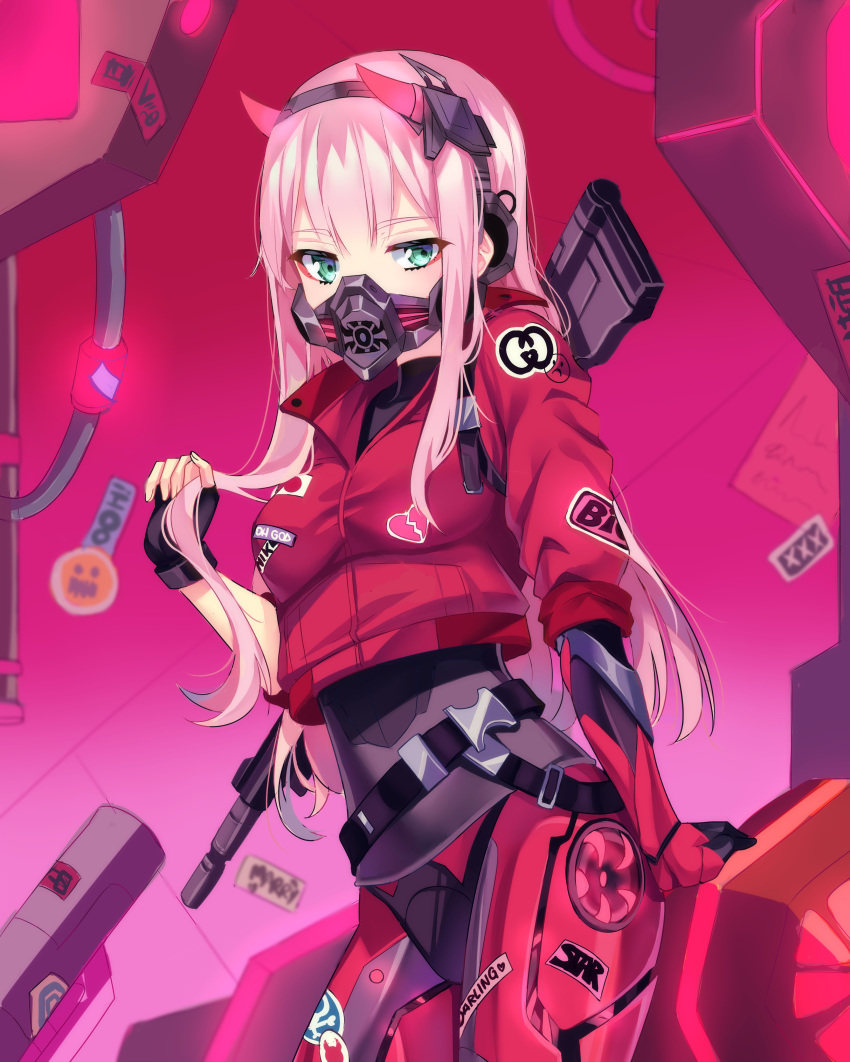 1girl absurdres alternate_costume bangs bodysuit breasts cyberpunk darling_in_the_franxx english_commentary eyebrows_visible_through_hair green_eyes gun headband highres horns indoors jacket long_hair looking_at_viewer mask medium_breasts mouth_mask pink_hair red_horns red_jacket sidelocks solo turtleneck weapon yaya_chan zero_two_(darling_in_the_franxx)