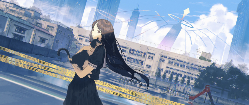 1girl animal black_eyes black_hair black_skirt building cat caution_tape clouds halo highres holding holding_animal kurohal long_hair original outdoors playground reflection scenery school_uniform skirt sky skyscraper solo tree water