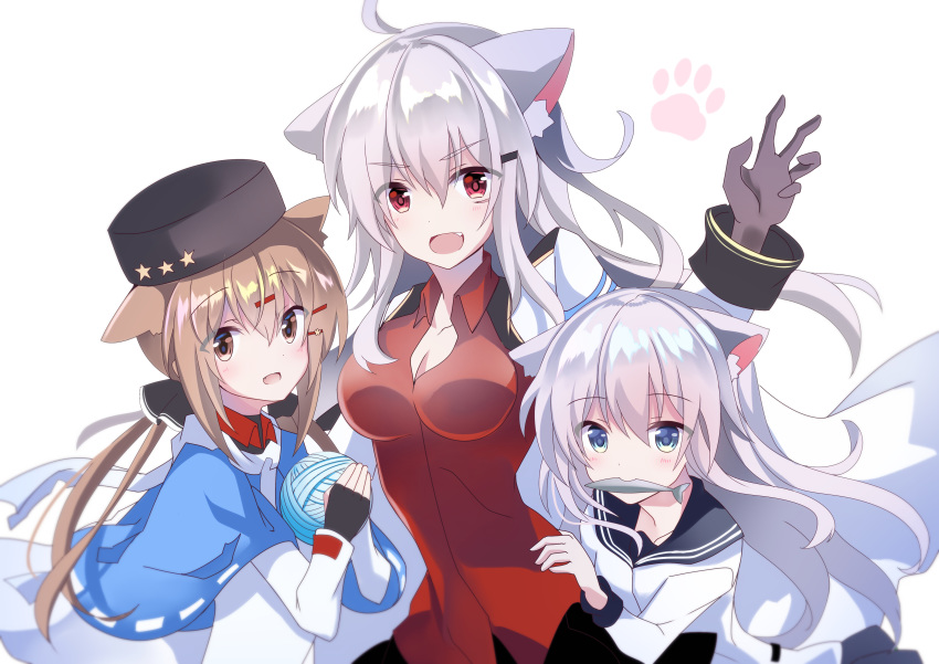 3girls absurdres animal_ear_fluff animal_ears black_bow black_gloves black_headwear black_sailor_collar black_skirt blue_eyes blue_shawl bow brown_eyes brown_hair cat_ears facial_scar fang fathom fingerless_gloves gangut_(kantai_collection) gloves grey_hair hair_bow hibiki_(kantai_collection) highres jacket kantai_collection kemonomimi_mode long_hair low_twintails multiple_girls papakha paw_print red_eyes red_shirt sailor_collar scar scar_on_cheek scarf school_uniform serafuku shirt simple_background skirt tashkent_(kantai_collection) torn_scarf twintails verniy_(kantai_collection) white_background white_hair white_jacket white_scarf