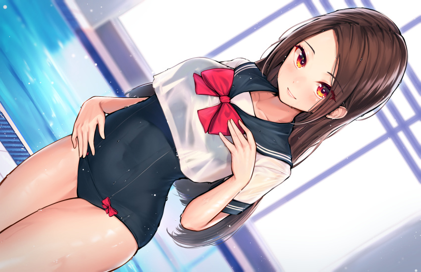 1girl bangs blurry blurry_background blush bow bowtie breasts brown_hair collarbone covered_navel cowboy_shot crop_top dutch_angle eyebrows_visible_through_hair hakushoku_n highres indoors large_breasts long_hair looking_at_viewer medium_breasts navel one-piece_swimsuit original parted_bangs parted_lips pool poolside red_eyes sailor_collar school_swimsuit school_uniform serafuku short_sleeves skindentation smile solo swimsuit swimsuit_under_clothes wet