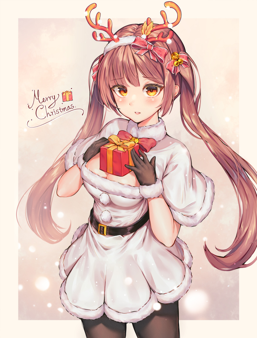 1girl bangs belt belt_buckle black_belt black_gloves black_legwear blush border bow brown_hair buckle capelet christmas commentary_request dress eyebrows_visible_through_hair fur-trimmed_gloves fur_trim gift gloves hair_bow hairband hakushoku_n highres holding holding_gift looking_at_viewer merry_christmas original outside_border pantyhose parted_lips red_neckwear shiny shiny_hair sidelocks solo teeth twintails white_border white_capelet white_dress white_hairband