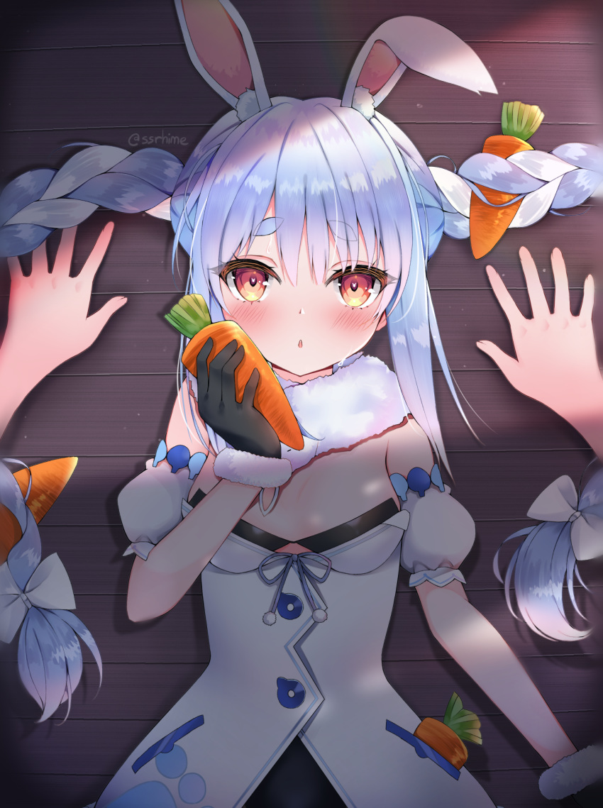 1girl animal_ear_fluff animal_ears bangs black_gloves black_leotard blue_hair blush bow braid carrot carrot_hair_ornament commentary_request detached_sleeves don-chan_(hololive) dress eyebrows_visible_through_hair food food_themed_hair_ornament fur-trimmed_gloves fur_trim gloves hair_between_eyes hair_bow hair_ornament hand_up highres himexin holding holding_food hololive leotard long_hair looking_at_viewer lying multicolored_hair on_back parted_lips puffy_short_sleeves puffy_sleeves rabbit_ears red_eyes short_eyebrows short_sleeves strapless strapless_dress strapless_leotard thick_eyebrows twin_braids twintails twitter_username two-tone_hair usada_pekora very_long_hair virtual_youtuber white_bow white_dress white_sleeves wooden_floor