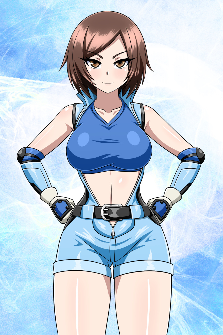 absurdres belt breasts brown_eyes brown_hair elbow_pads highres kazama_asuka large_breasts short_hair smile sports_bra sportswear tekken yensh