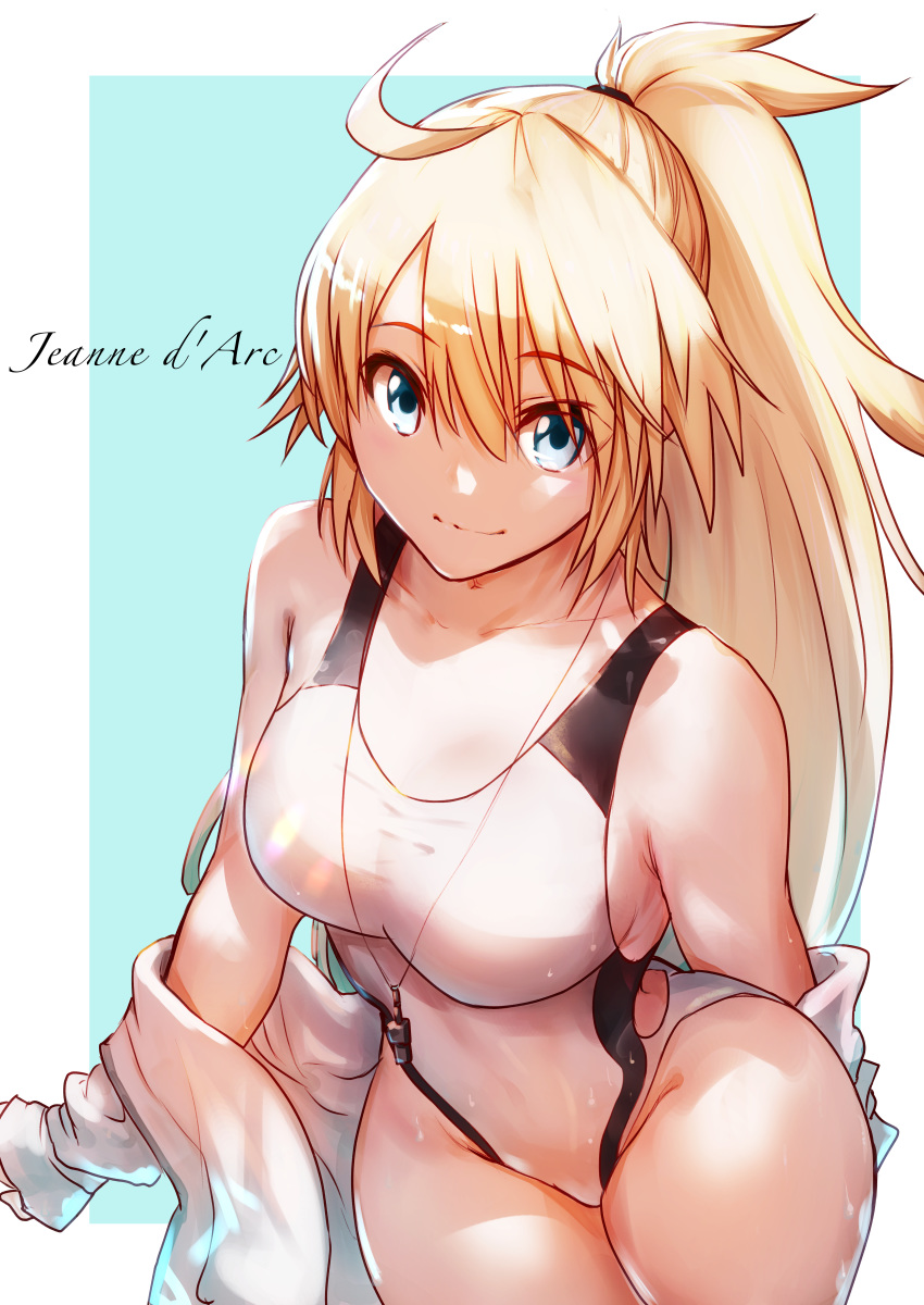 1girl 1other absurdres ahoge blonde_hair blue_eyes character_name closed_mouth collarbone commentary_request competition_swimsuit eyebrows_visible_through_hair fate/grand_order fate_(series) hair_tie highleg highleg_swimsuit highres huge_filesize jacket jeanne_d'arc_(fate)_(all) jeanne_d'arc_(swimsuit_archer) long_hair looking_at_viewer nakanishi_tatsuya off_shoulder one-piece_swimsuit open_clothes open_jacket outside_border ponytail revision sitting smile swimsuit water whistle whistle_around_neck white_jacket white_swimsuit
