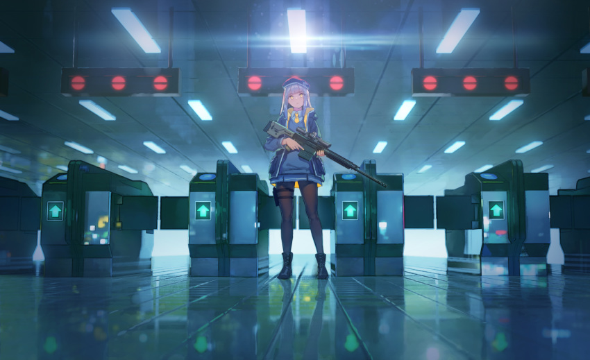 1girl bangs beret blunt_bangs boots gun hat holster indoors lens_flare long_hair looking_at_viewer looking_down necktie original pantyhose reflection rifle scenery scope sidelocks silver_hair skirt sniper_rifle solo sweater_vest thigh_holster thigh_strap train_station trigger_discipline turnstile weapon yasumo_(kuusouorbital) yellow_eyes