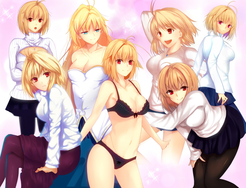 1girl :d antenna_hair arcueid_brunestud bangs bare_shoulders black_bra black_legwear black_panties blonde_hair bow bow_bra bow_panties bra breasts cleavage_cutout collarbone contrapposto crossed_arms crossed_legs dress expressions eyebrows_visible_through_hair hair_intakes hand_on_own_thigh iro_(sekaixiro) jewelry long_hair looking_at_viewer looking_back medium_breasts multiple_views navel necklace open_mouth panties pantyhose parted_lips pleated_skirt purple_legwear purple_skirt red_eyes ribbed_sweater shiny shiny_clothes short_hair sitting skirt smile sparkle standing strapless strapless_dress sweater tsukihime turtleneck turtleneck_sweater underwear white_sweater