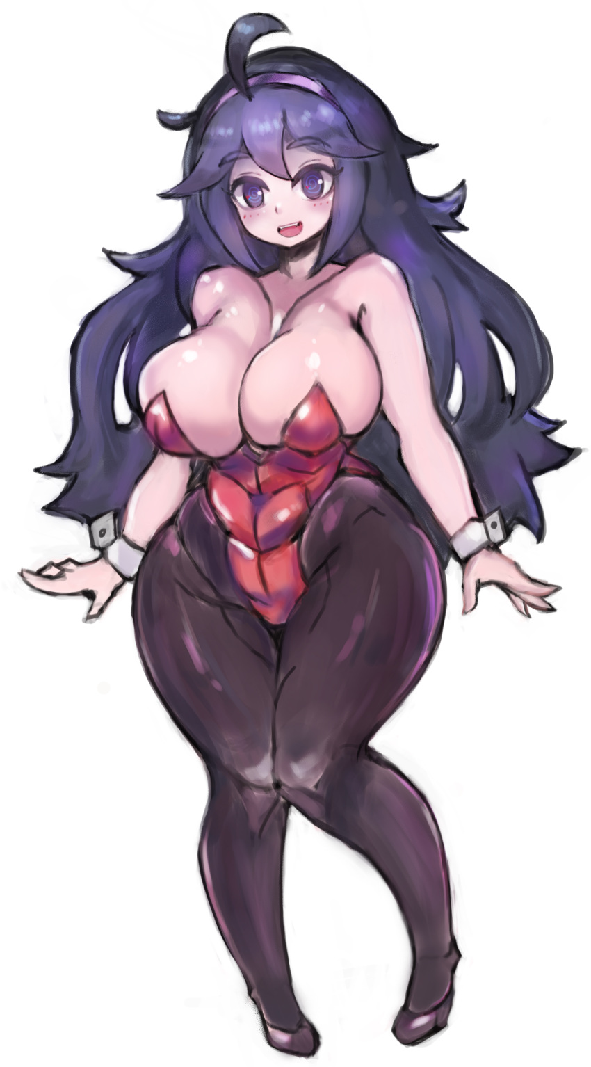 1girl absurdres ahoge blush breasts bunnysuit headband hex_maniac_(pokemon) highres large_breasts leotard long_hair pantyhose peh pokemon pokemon_(game) pokemon_xy purple_headband red_leotard simple_background smile thick_thighs thighs white_background wide_hips