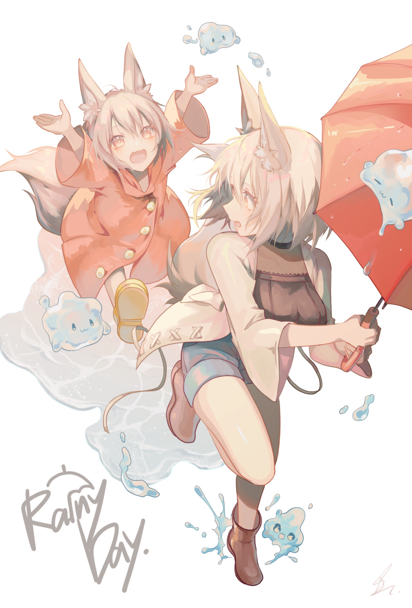 2girls :d animal_ear_fluff animal_ears arms_up black_choker blue_shorts boots breasts brown_footwear chasing choker english_text fox_ears fox_girl fox_tail grey_hair highres holding holding_umbrella jacket long_sleeves medium_breasts multiple_girls open_clothes open_jacket open_mouth original puddle raincoat red_umbrella saihate_(d3) shoe_soles short_shorts shorts signature smile standing standing_on_one_leg tail umbrella water white_background white_jacket yellow_footwear