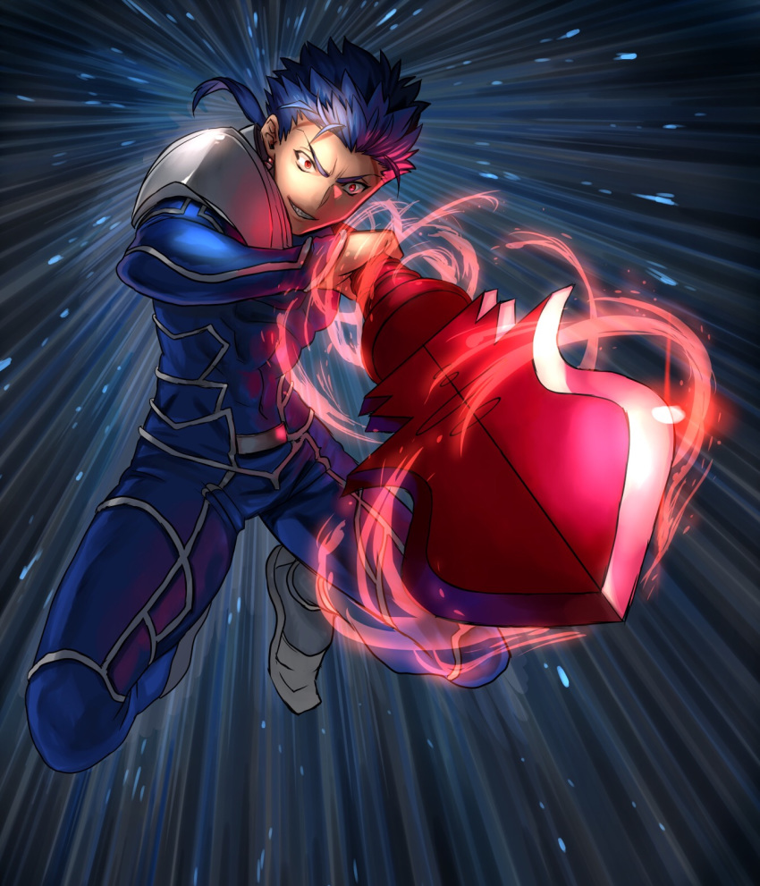 1boy blue_hair bodysuit covered_navel cu_chulainn_(fate)_(all) cu_chulainn_(fate/grand_order) earrings fate/grand_order fate/stay_night fate_(series) gae_bolg highres holding holding_weapon jewelry lancer long_hair male_focus none_(kameko227) pauldrons polearm ponytail red_eyes shoulder_armor smile solo spear weapon
