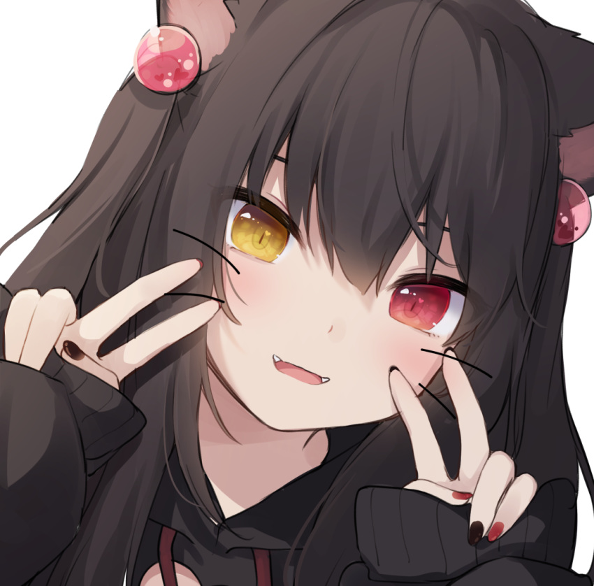 1girl amashiro_natsuki animal_ears bangs black_hair black_hoodie black_nails blush brown_eyes cat_ears commentary_request double_v drawstring eyebrows_visible_through_hair hair_between_eyes hands_up heterochromia hood hood_down hoodie long_hair long_sleeves looking_at_viewer multicolored multicolored_nails nail_polish original red_eyes red_nails simple_background sleeves_past_wrists solo two_side_up upper_body v whiskers white_background