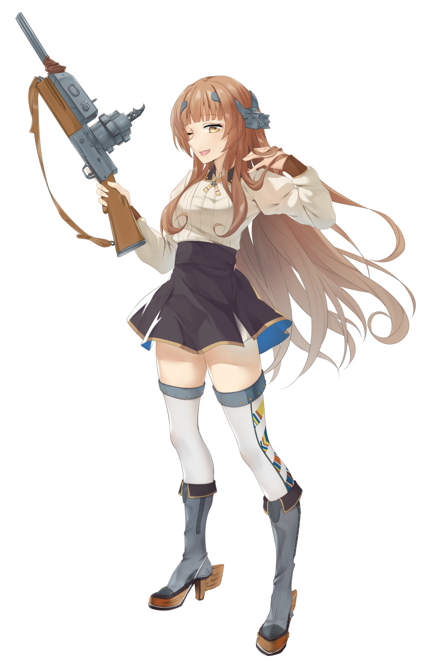 1girl absurdres adapted_turret b3b blue_skirt boots brown_footwear brown_hair brown_skirt chinese_commentary commentary_request full_body helena_(kantai_collection) high-waist_skirt high_heel_boots high_heels highres holding holding_weapon kantai_collection long_hair long_sleeves one_eye_closed rudder_footwear shirt simple_background skirt solo standing thigh-highs turret two-tone_skirt weapon white_background white_legwear white_shirt yellow_eyes