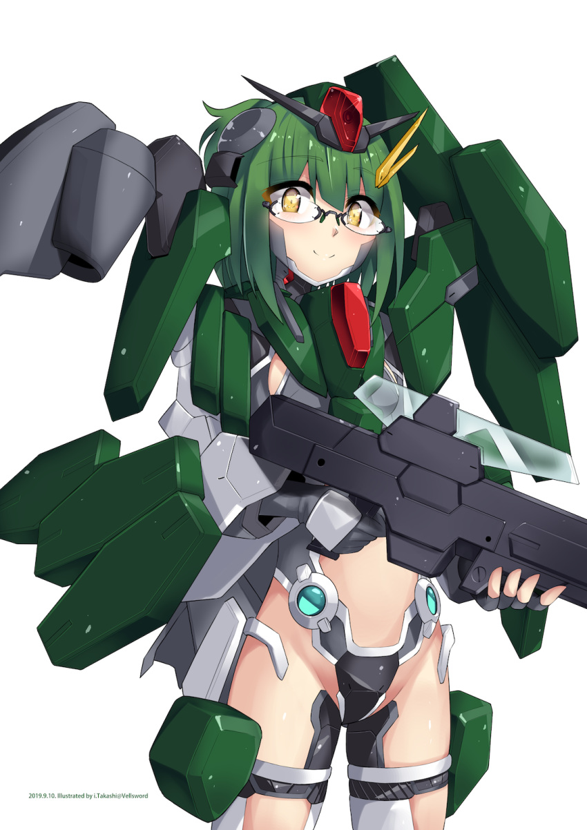 1girl cherudim_gundam eyebrows_visible_through_hair glasses gloves green_hair grey_gloves gun gundam gundam_00 highres holding holding_gun holding_weapon i.takashi looking_at_viewer mecha_musume midriff_cutout personification rifle sniper_rifle weapon yellow_eyes