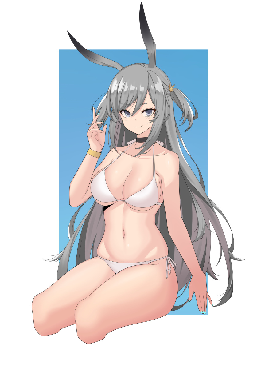 1girl absurdres animal_ears aqua_nails arknights bangs bare_arms bare_shoulders bikini black_choker bracelet breasts choker commentary_request cropped_legs eyebrows_visible_through_hair gdee grey_eyes hair_between_eyes hand_up highres jewelry large_breasts long_hair looking_at_viewer nail_polish navel rabbit_ears savage_(arknights) side-tie_bikini silver_hair sitting smile solo stomach swimsuit thighs two_side_up very_long_hair white_bikini