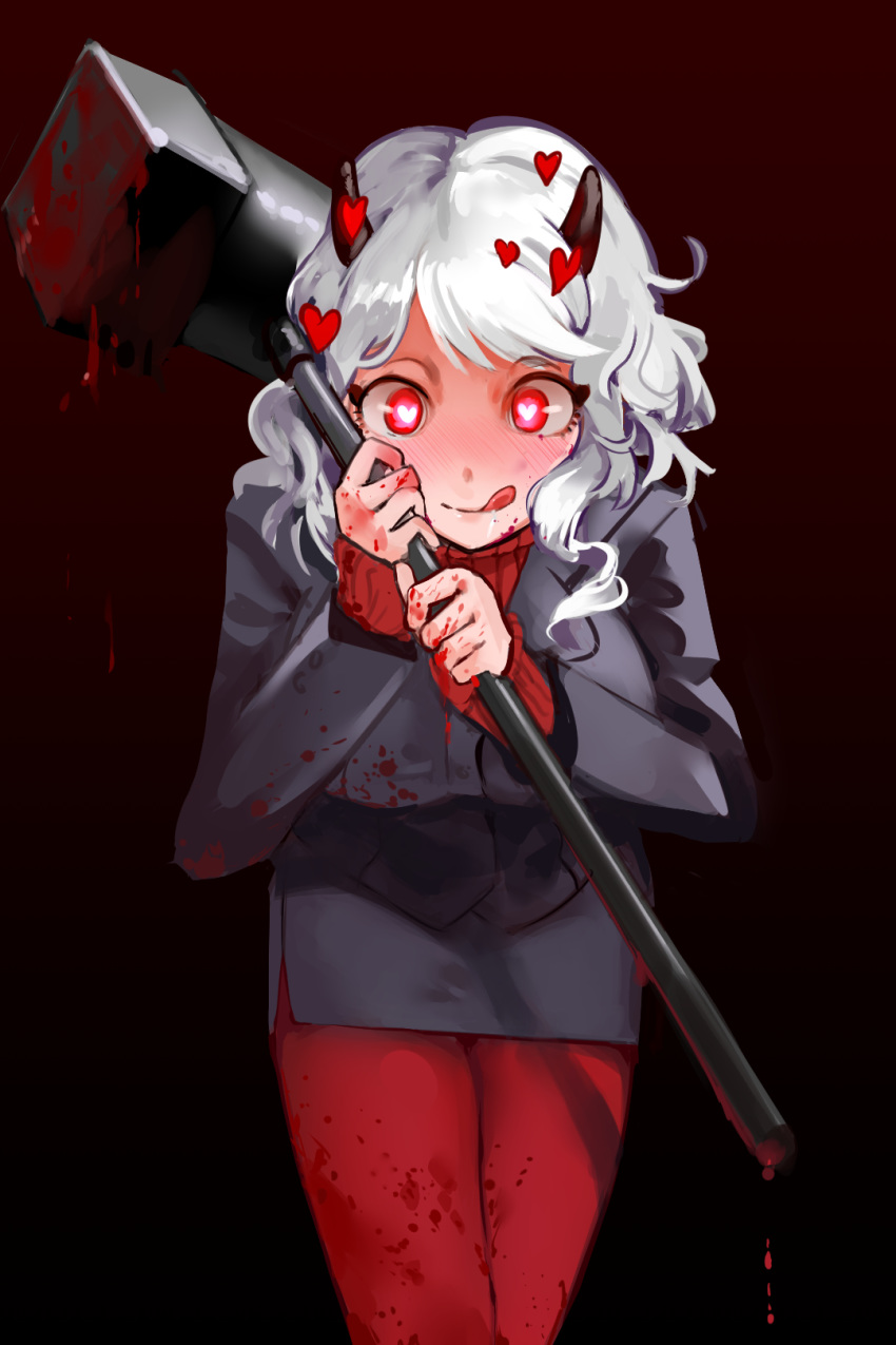 1girl black_horns black_skirt black_suit blood bloody_clothes bloody_hands bloody_weapon blush breasts commentary demon_girl demon_horns formal gagmoo gradient gradient_background heart heart-shaped_pupils helltaker highres holding holding_hammer horns large_breasts long_hair long_sleeves looking_at_viewer modeus_(helltaker) pantyhose pencil_skirt red_background red_eyes red_legwear red_sweater ribbed_sweater saliva saliva_trail silver_hair simple_background skirt solo suit sweater symbol-shaped_pupils tongue tongue_out turtleneck weapon white_hair